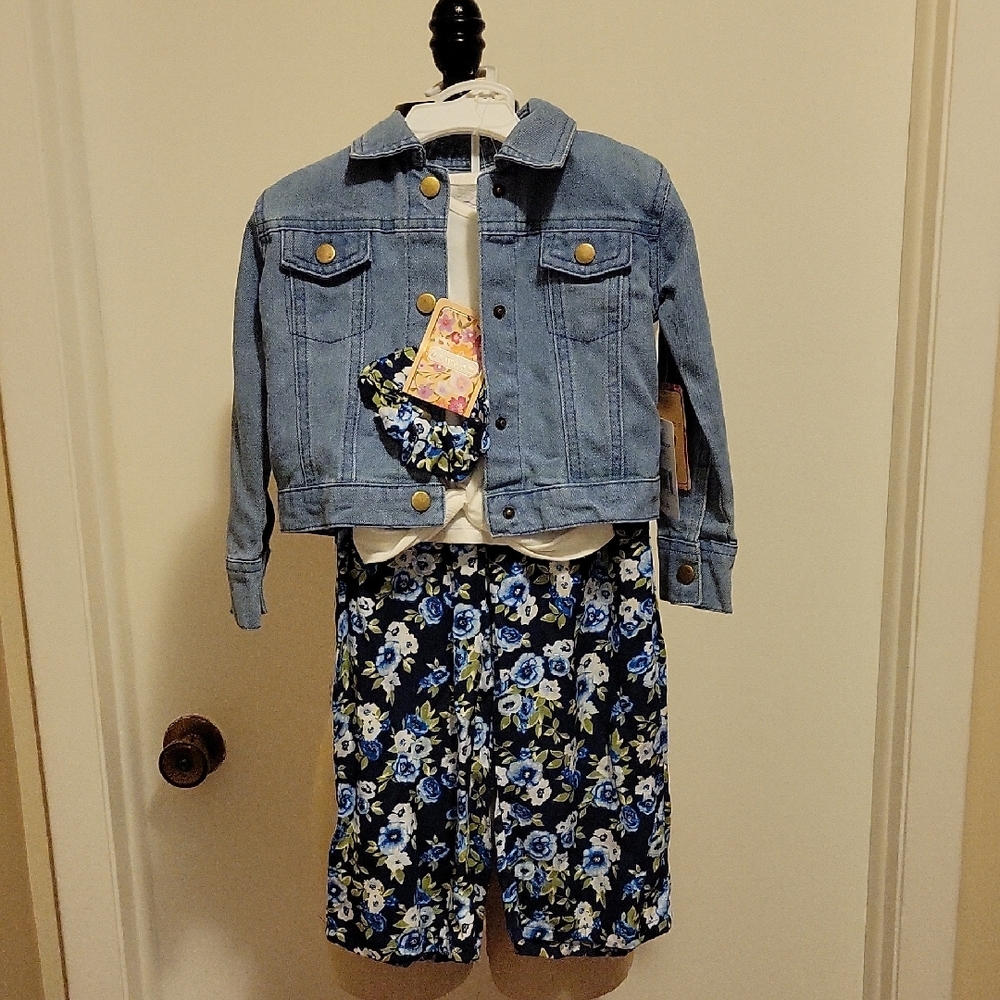 NWT: btween 4 Piece Set: Jean Jacket, Top, Floral Pants, Scrunchie